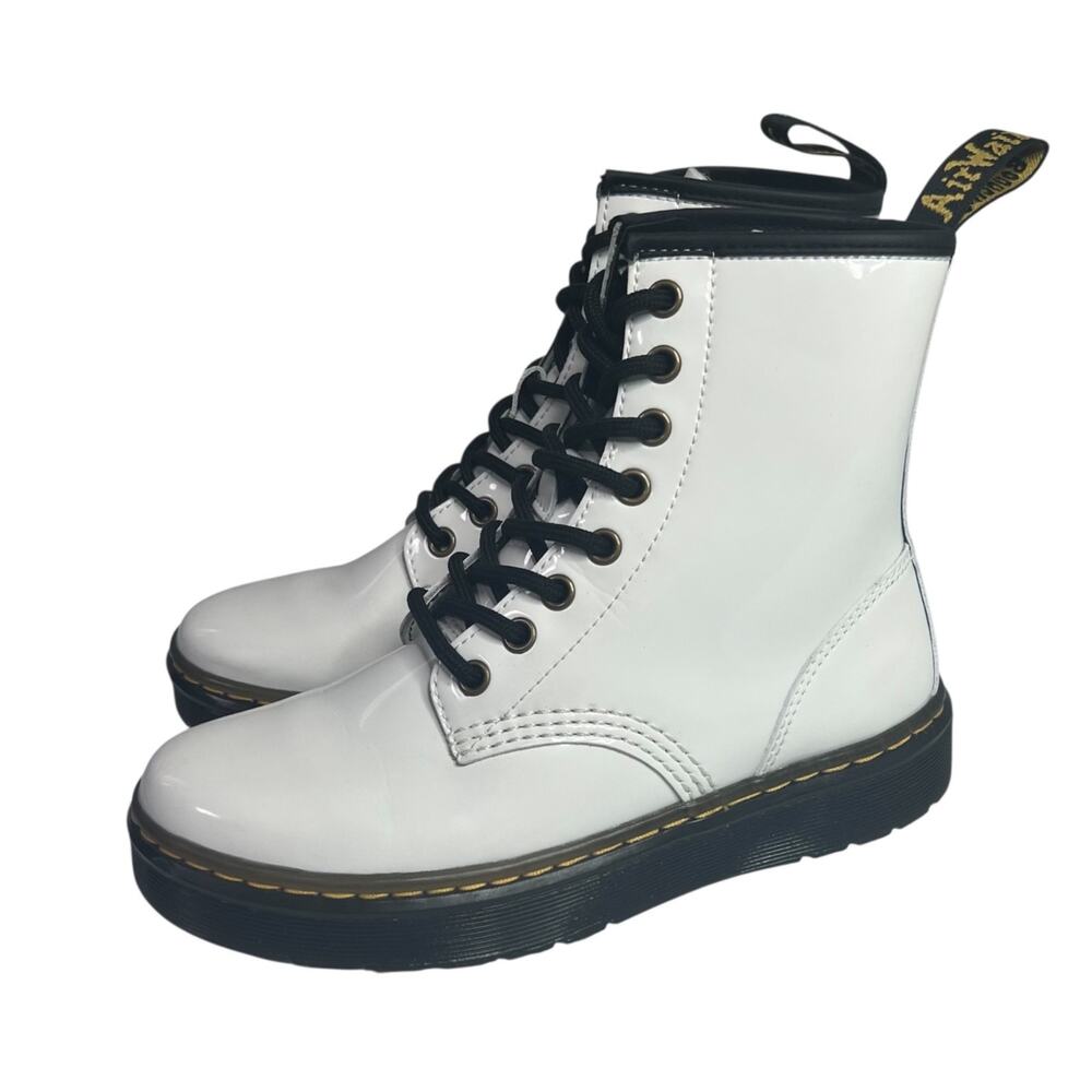 Dr. Martens Zavala Patent Leather Lace Up Combat Boots Womens 5 Mens 4 White